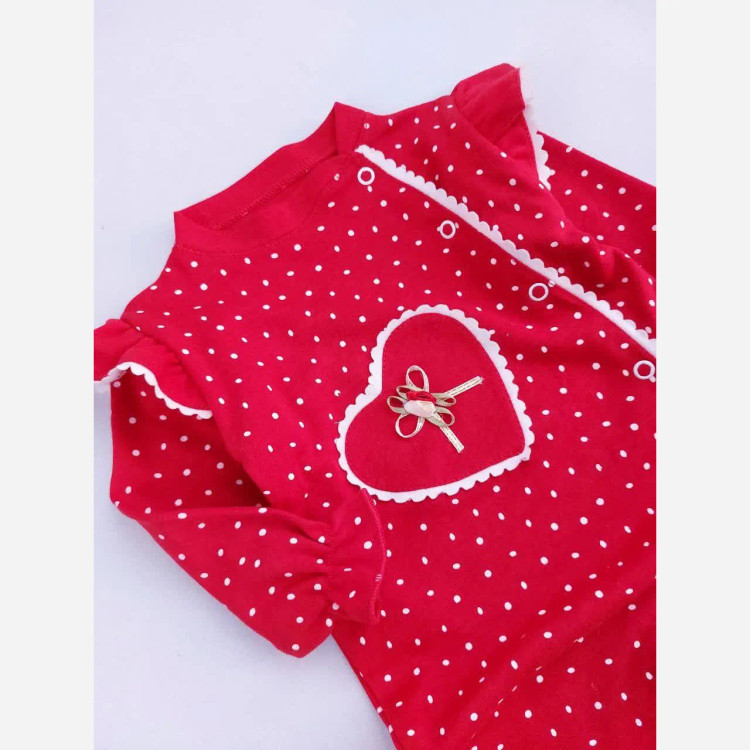 سرهمی نوزادی دخترانه قرمز خالدار طرح قلب | لباس یلدا 3 تا 24 ماه