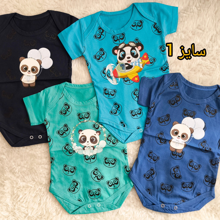 بادی نوزادی آستین کوتاه طرح پاندا | پنبه سوپر | 6 رنگ | 3 تا 12 ماه