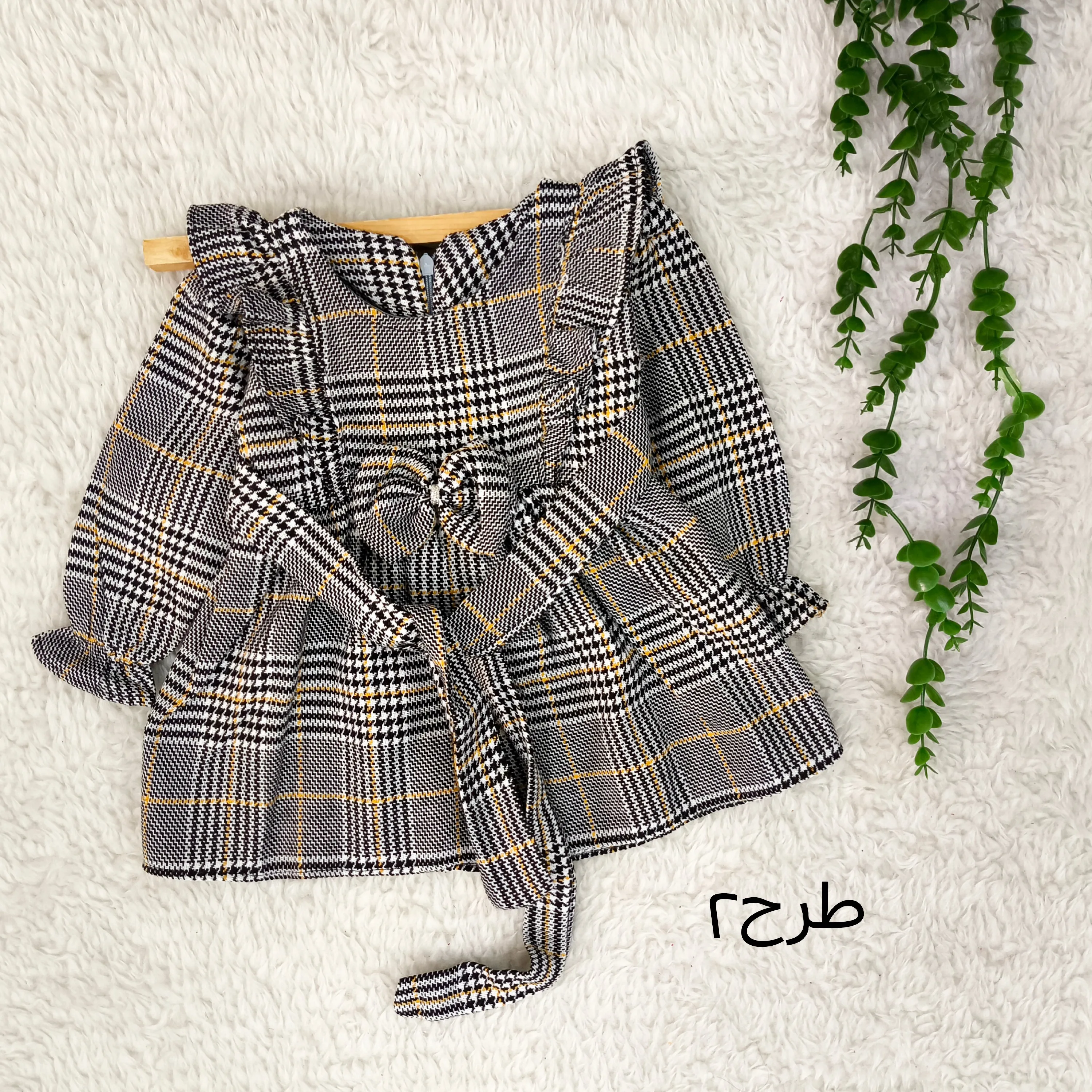 پیراهن کشمیر چهارخانه دخترانه پاپیونی مناسب 1 تا 4 سال