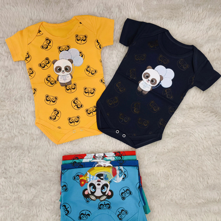 بادی نوزادی آستین کوتاه طرح پاندا | پنبه سوپر | 6 رنگ | 3 تا 12 ماه
