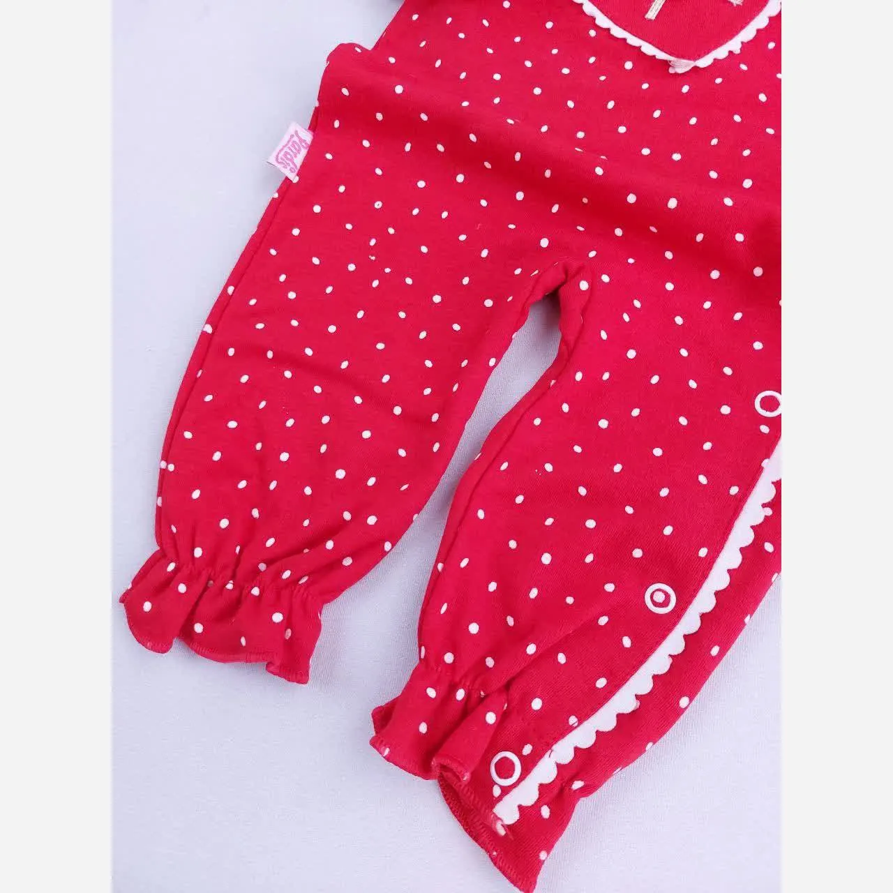 سرهمی نوزادی دخترانه قرمز خالدار طرح قلب | لباس یلدا 3 تا 24 ماه