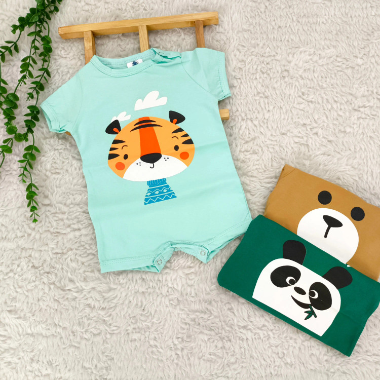 رامپر نوزادی آستین کوتاه طرح حیوانات بامزه | جنس پنبه اعلا | مناسب 6 تا 36 ماه