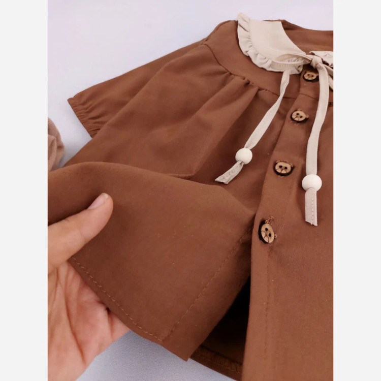 پیراهن کتان دخترانه یقه ب ببری آستین بلند مناسب 6 ماه تا 3 سال