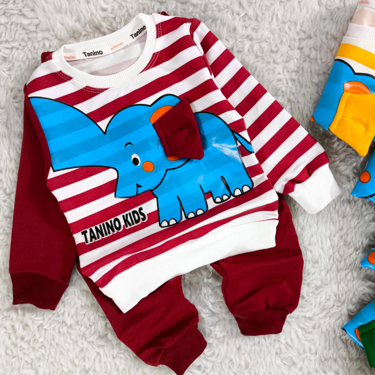 بلوز شلوار پسرانه طرح فیل راه راه نخی پنبه دورس مناسب 1 تا 4 سال