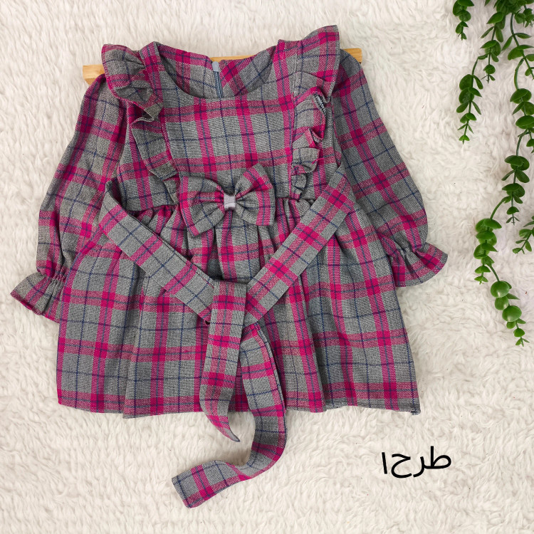 پیراهن کشمیر چهارخانه دخترانه پاپیونی مناسب 1 تا 4 سال