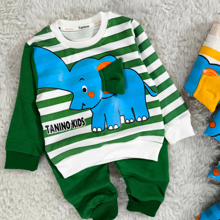 بلوز شلوار پسرانه طرح فیل راه راه نخی پنبه دورس مناسب 1 تا 4 سال