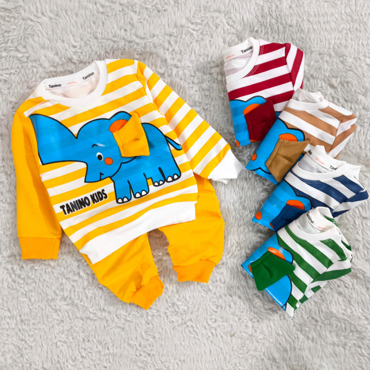 بلوز شلوار پسرانه طرح فیل راه راه نخی پنبه دورس مناسب 1 تا 4 سال