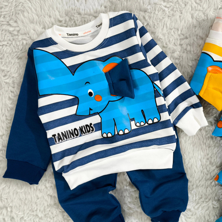 بلوز شلوار پسرانه طرح فیل راه راه نخی پنبه دورس مناسب 1 تا 4 سال