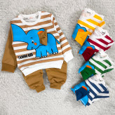 بلوز شلوار پسرانه طرح فیل راه راه نخی پنبه دورس مناسب 1 تا 4 سال