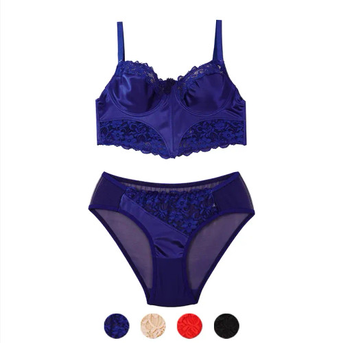 ست لباس زیر زنانه فنردار و کاپ B طرح دار دانتل و ساتن