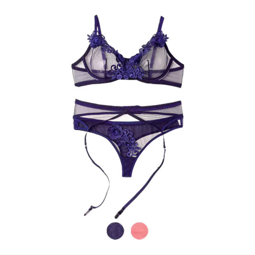 ست لباس زیر زنانه حریر فانتزی کاپ B طرح گلدار