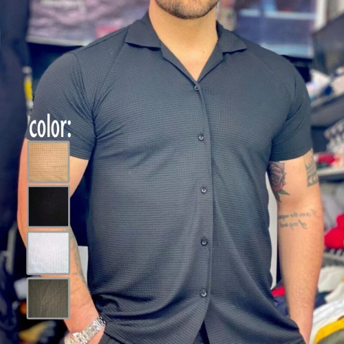 پیرآهن مردانه آستین کوتاه طرح بیسکویتی یقه شکاری مدل مراکشی