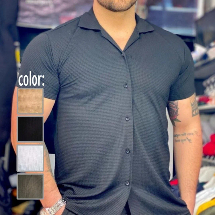 پیرآهن مردانه آستین کوتاه طرح بیسکویتی یقه شکاری مدل مراکشی