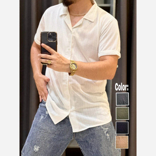 پیرآهن مردانه آستین کوتاه طرح مراکشی بیسکوییت یقه شکاری تابستانی