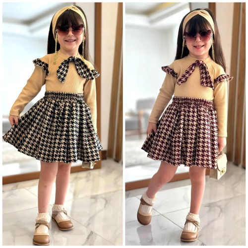 ست بلوز و دامن دخترانه طرح hounds tooth مخمل و فانریپ مناسب 2 تا 13 سال