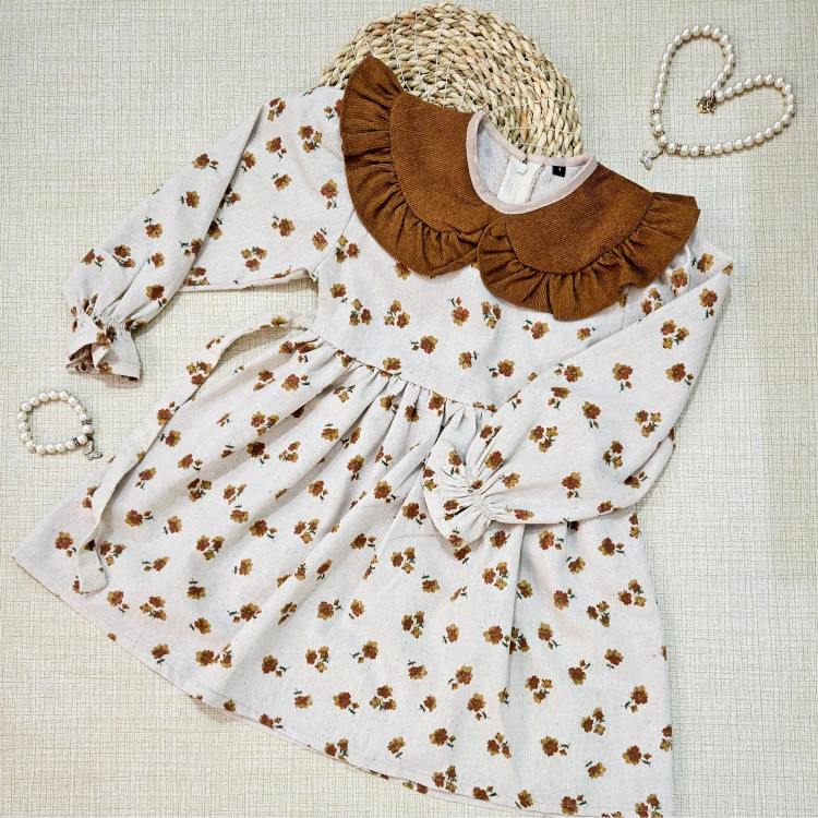 پیراهن دخترانه لینن پاییزه گلدار یقه کبریتی آستین پرنسسی مناسب 2 تا 9 سال