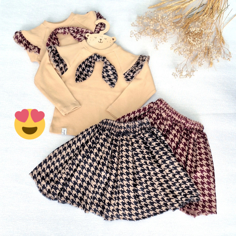ست بلوز و دامن دخترانه طرح hounds tooth مخمل و فانریپ مناسب 2 تا 13 سال