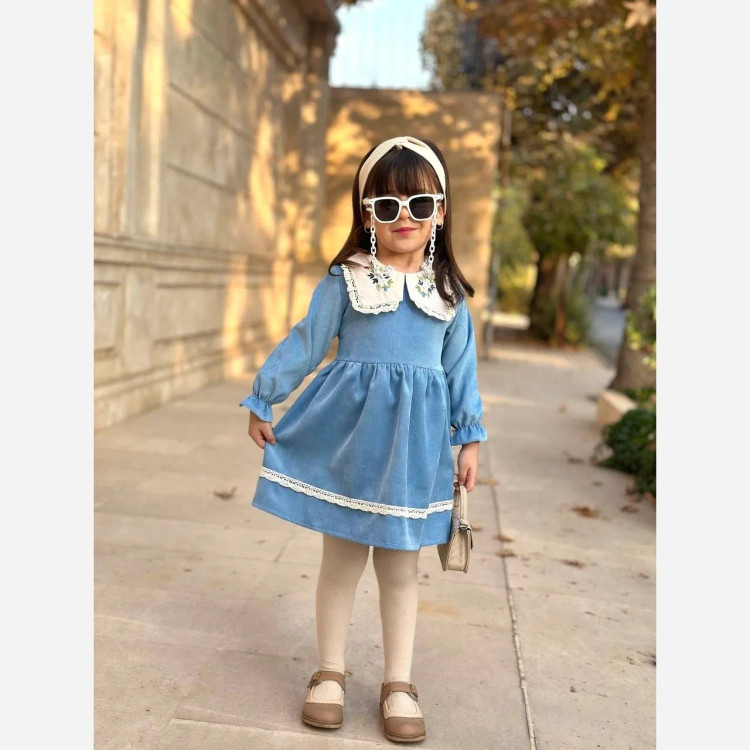 پیراهن مخمل کبریتی دخترانه یقه گلدوزی شده با کیف ست | لباس مجلسی کودک