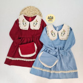 پیراهن مخمل کبریتی دخترانه یقه گلدوزی شده با کیف ست | لباس مجلسی کودک