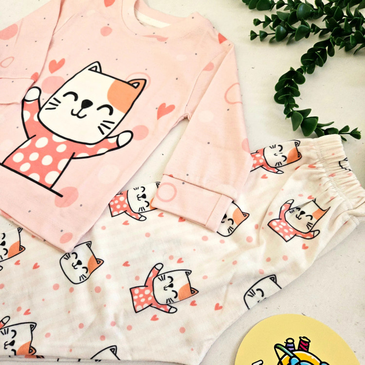 لباس راحتی طرح گربه دخترانه | ست بلوز و شلوار بچگانه پنبه ای نرم و با کیفیت