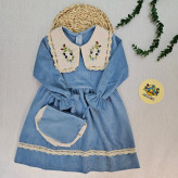 پیراهن مخمل کبریتی دخترانه یقه گلدوزی شده با کیف ست | لباس مجلسی کودک