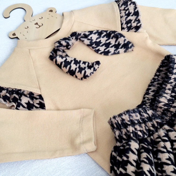 ست بلوز و دامن دخترانه طرح hounds tooth مخمل و فانریپ مناسب 2 تا 13 سال