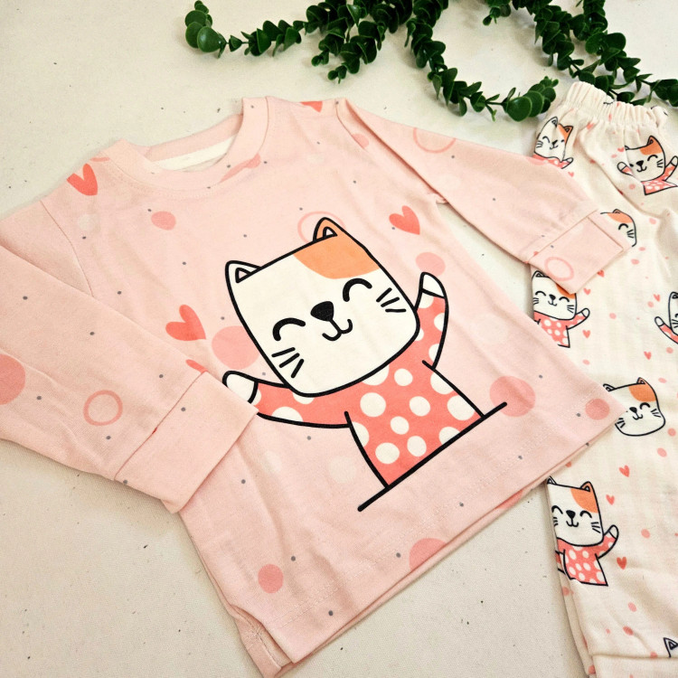 لباس راحتی طرح گربه دخترانه | ست بلوز و شلوار بچگانه پنبه ای نرم و با کیفیت