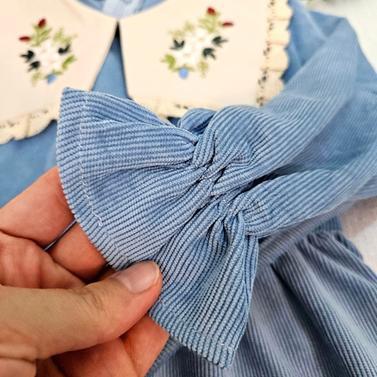 پیراهن مخمل کبریتی دخترانه یقه گلدوزی شده با کیف ست | لباس مجلسی کودک