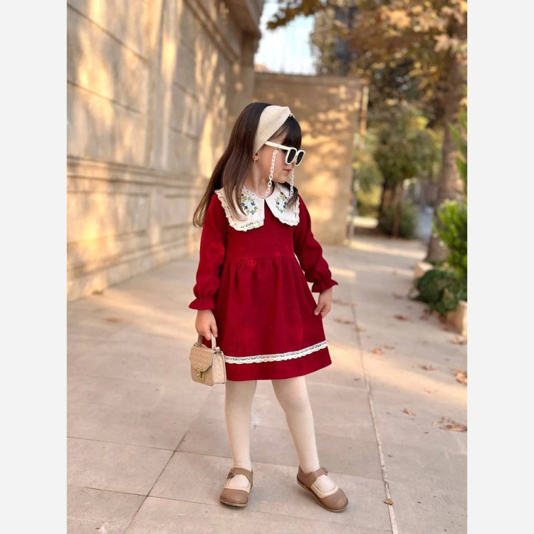 پیراهن مخمل کبریتی دخترانه یقه گلدوزی شده با کیف ست | لباس مجلسی کودک