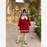 پیراهن مخمل کبریتی دخترانه یقه گلدوزی شده با کیف ست | لباس مجلسی کودک