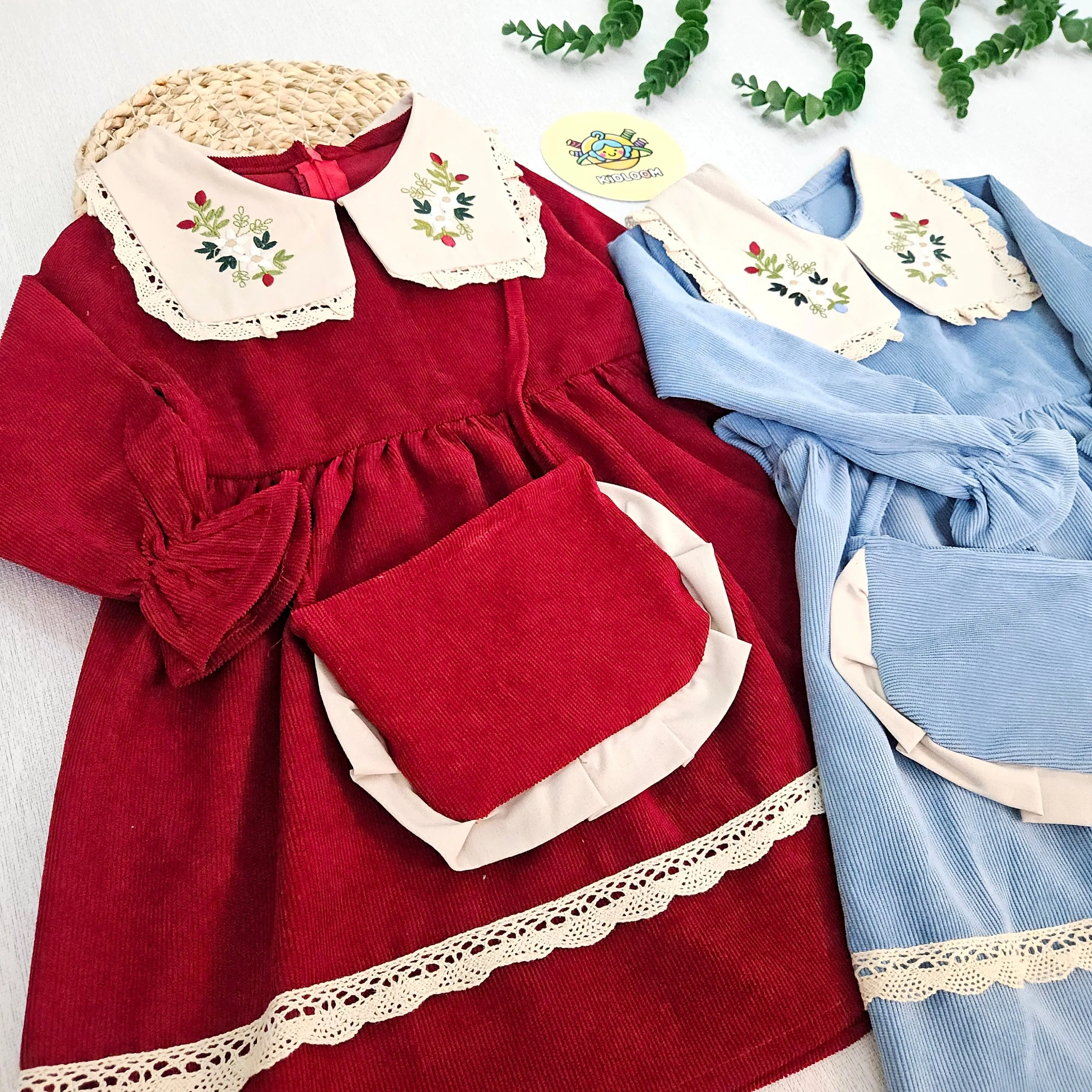 پیراهن مخمل کبریتی دخترانه یقه گلدوزی شده با کیف ست | لباس مجلسی کودک