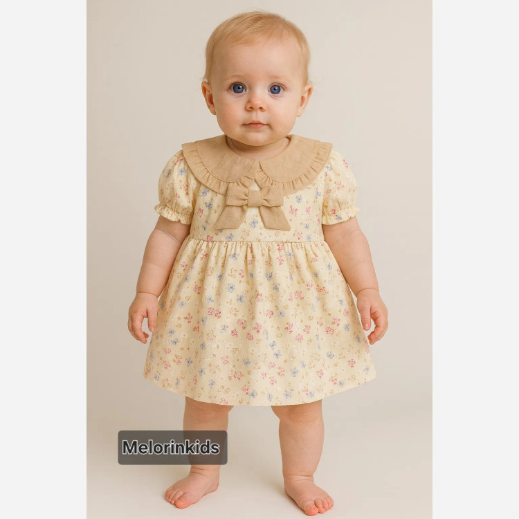 پیراهن نوزادی دخترانه طرح گلدار یقه پاپیونی | مناسب 6 تا 18 ماه