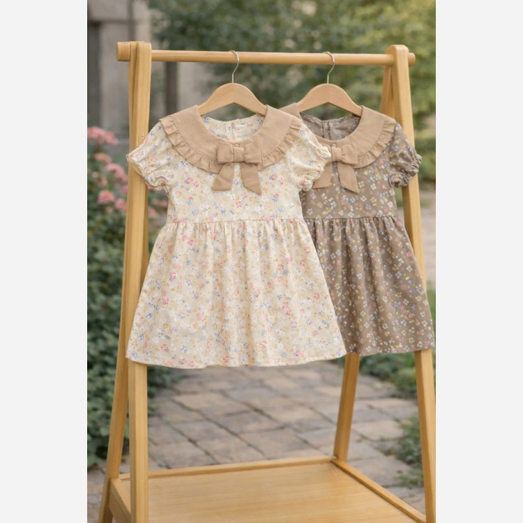 پیراهن نوزادی دخترانه طرح گلدار یقه پاپیونی | مناسب 6 تا 18 ماه