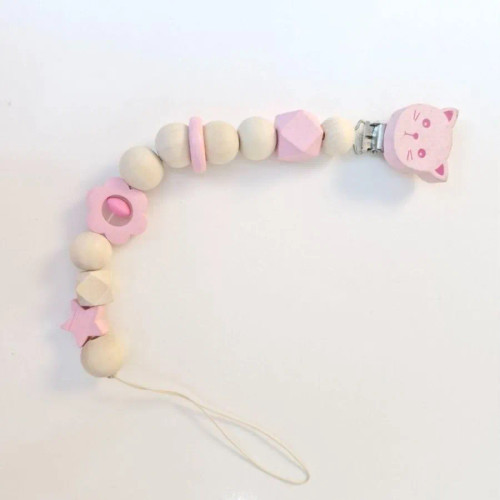 بند پستانک چوبی طرح گربه صورتی مهره سیلیکونی و چوبی نوزاد دخترانه