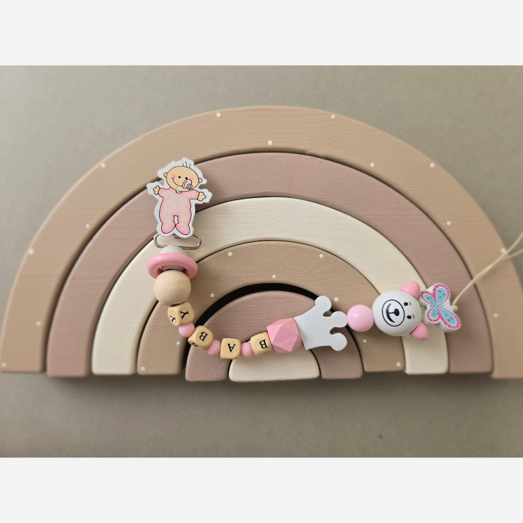 بند پستانک نوزاد طرح رنگین کمان آویز پستانک دخترانه و پسرانه با مهره اسم و عروسک خرس و پروانه
