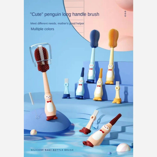 شیشه شور سیلیکونی طرح پنگوئن سه تکه فرچه و برس شستشو کودک