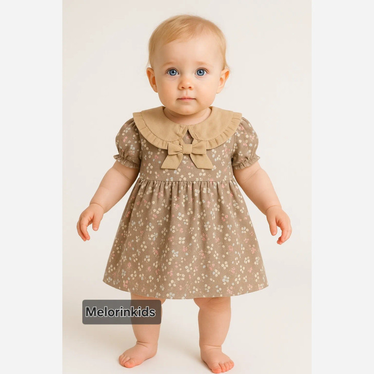 پیراهن نوزادی دخترانه طرح گلدار یقه پاپیونی | مناسب 6 تا 18 ماه