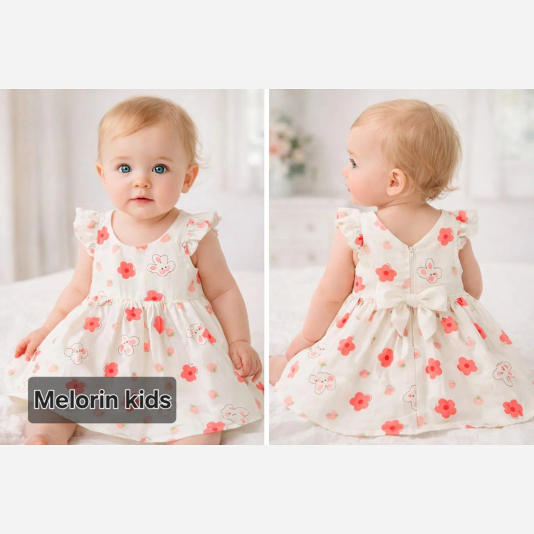 پیراهن نوزادی دخترانه طرح گل و خرگوش