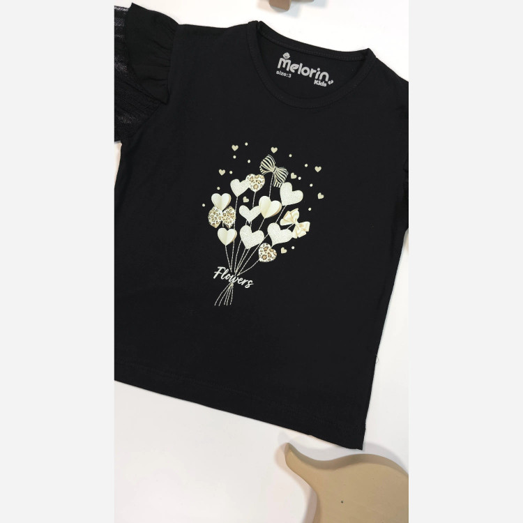 تیشرت دخترانه طرح قلب و گل با آستین توری | مناسب 6 ماه تا 2 سال