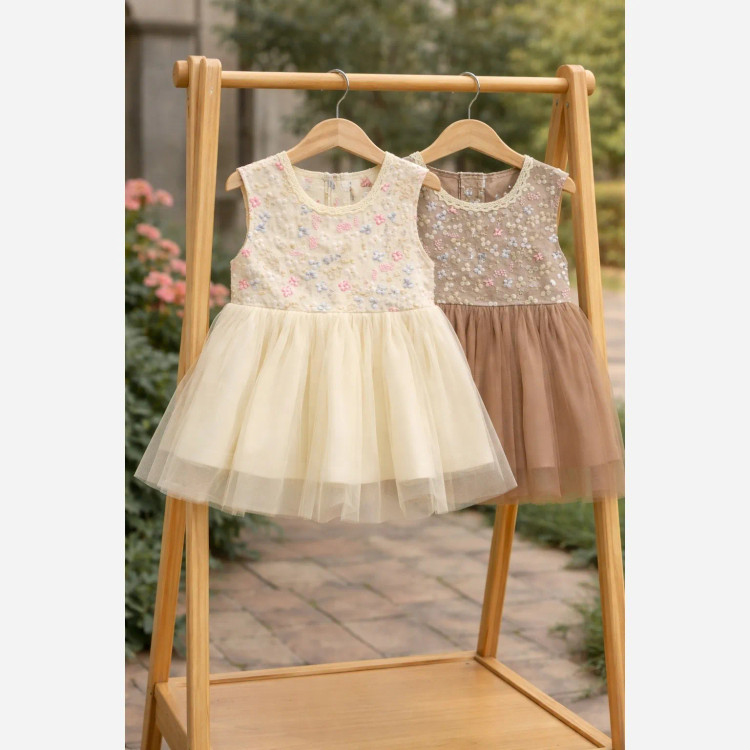 لباس مجلسی دخترانه طرح گل برجسته مناسب 3 ماه تا 12 ماه در 2 رنگ و 3 سایز
