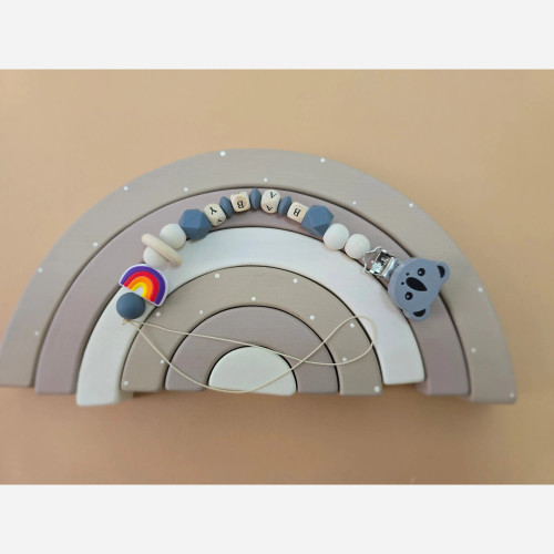 گیره پستونک چوبی و سیلیکونی طرح رنگین کمان و خرس برای نوزادان | بند آویز دندانگیر کودک