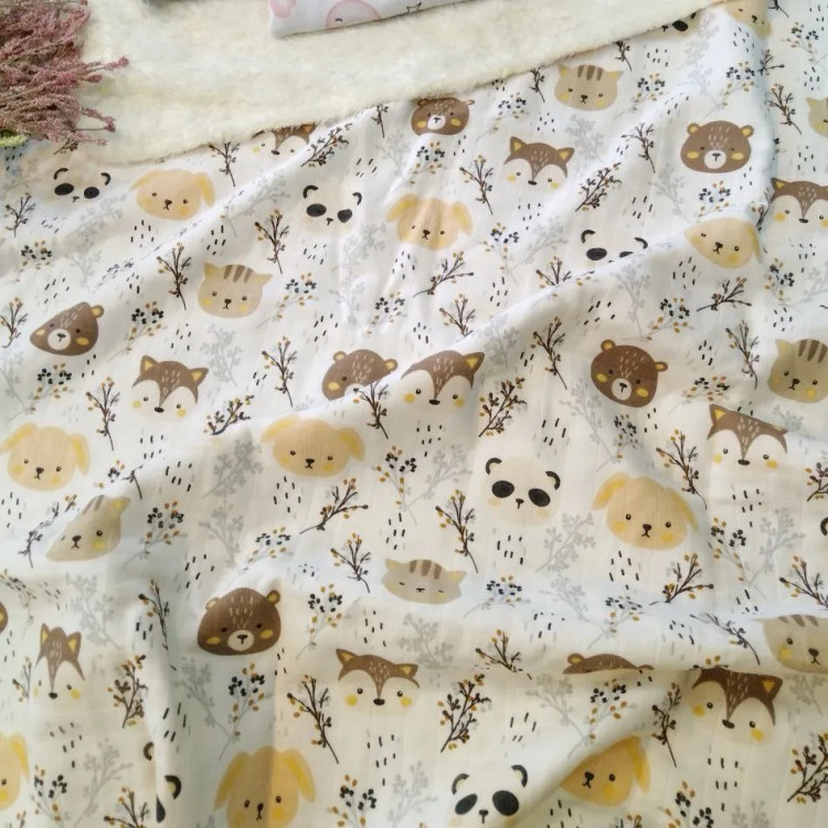 پتو نوزادی طرح حیوانات موسلین ترک با آستر تدی و مخمل حبابی 90*100