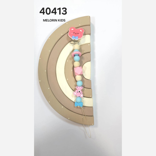 بند پستونک گیرهدار طرح رنگین کمان با عروسک خرس صورتی و مهرههای چوبی و پلاستیکی - مناسب سیسمونی نوزاد