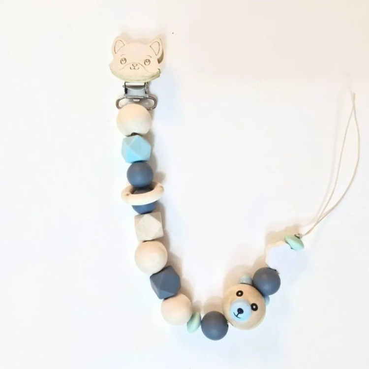 بند پستانک چوبی سیلیکونی طرح خرس برای نوزادان و سیسمونی | گیره دار و ضد پارگی