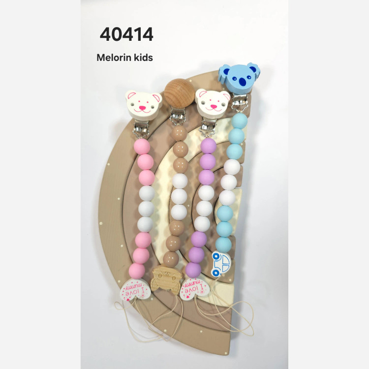 گیره پستونک چوبی طرح خرس و ماشین با مهره های رنگی سیلیکونی و چوبی مناسب نوزاد و کودک