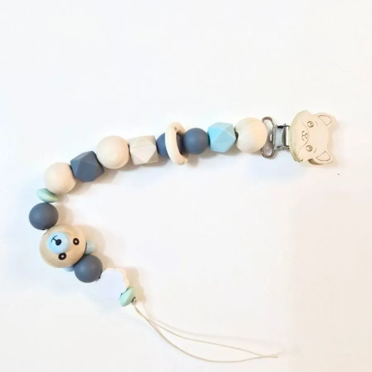 بند پستانک چوبی سیلیکونی طرح خرس برای نوزادان و سیسمونی | گیره دار و ضد پارگی