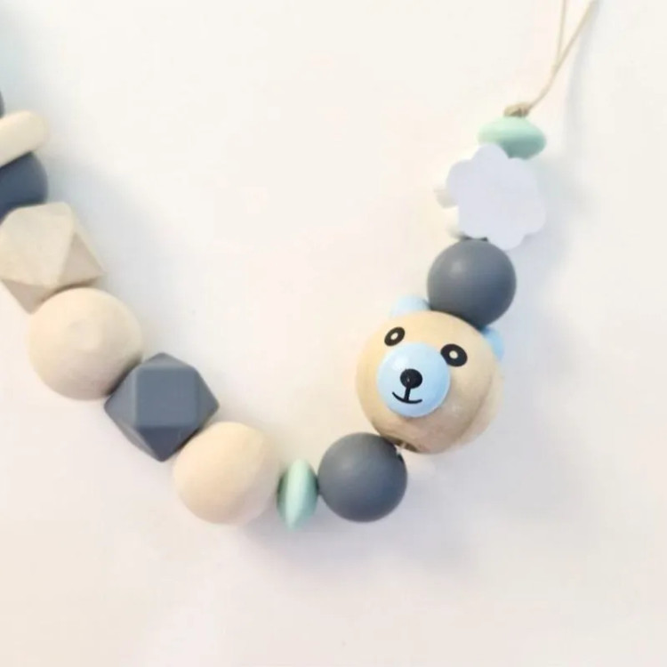 بند پستانک چوبی سیلیکونی طرح خرس برای نوزادان و سیسمونی | گیره دار و ضد پارگی