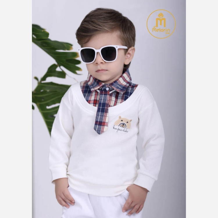 بلوز پسرانه طرح خرس و پاپیون | لباس نوزادی شیک | مناسب 0 تا 12 ماه