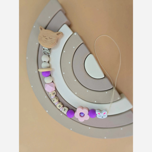 بند پستانک چوبی کودک طرح خرگوش و گل با گیره لباس نوزاد و سیسمونی