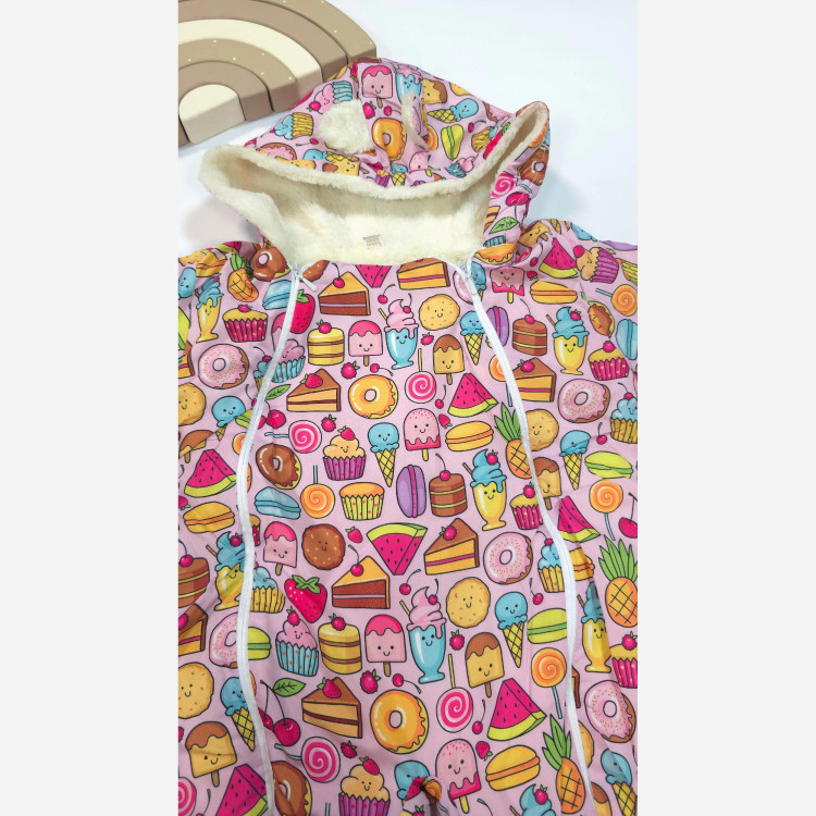 سرهمی نوزادی طرح بستنی و شیرینی، مناسب 3 تا 12 ماه، کلاهدار، صورتی